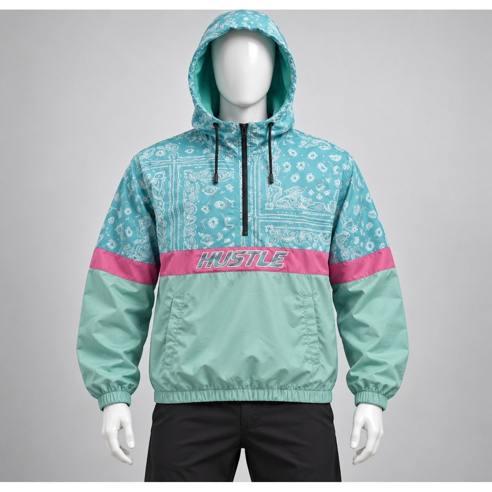 GS-115 Hustle Paisley Windbreaker Jacket Mens 3X Teal Pink Half Zip Hooded